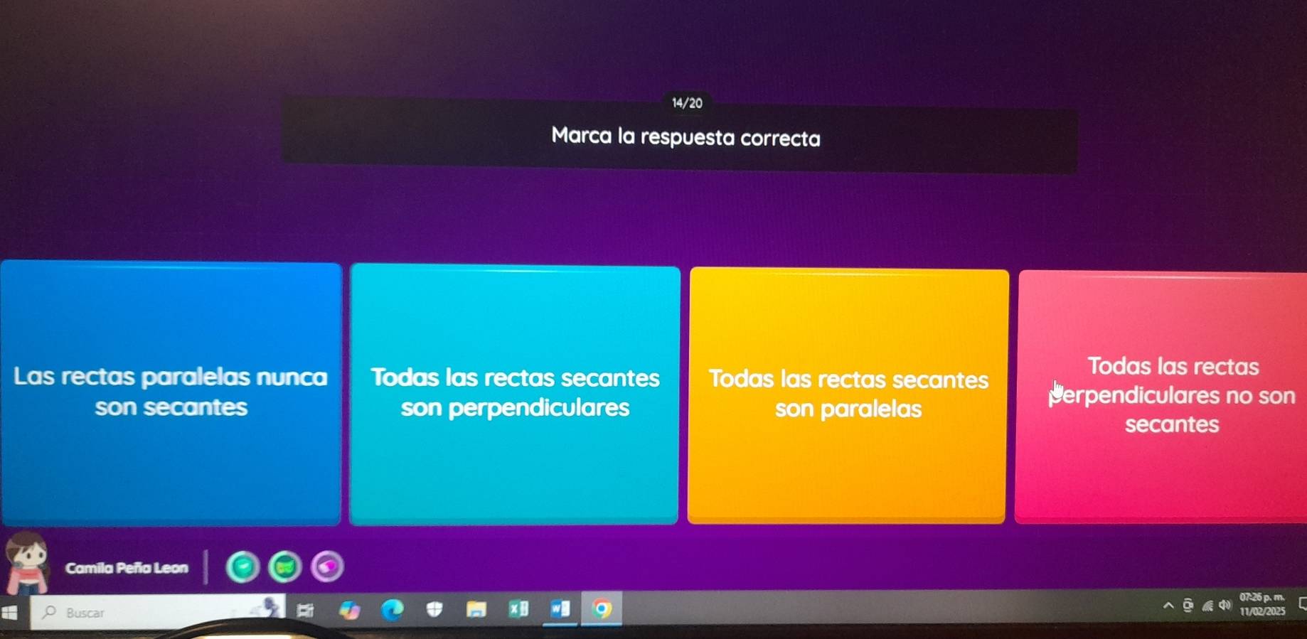 14/20
Marca la respuesta correcta
Todas las rectas
Las rectas paralelas nunca Todas las rectas secantes Todas las rectas secantes
son secantes son perpendiculares son paralelas
perpendiculares no son
secantes
Camila Peña Leon
Buscar