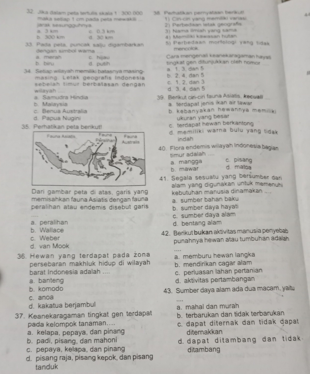 Jika dalam peta tertulis skala 1 : 300.000 38. Perhatikan pernyataan berikut!
4
maka setiap 1 cm pada peta mewakili 1) Cin-cin yang memiliki variasi
jarak sesungguhnya
a. 3 km c. 0.3 km 2) Perbedaan letak gecgrafis
3) Nama ilmiah yang sama
b 300 km d. 30 km 4) Memiliki kawasan hutan
33. Pada peta, puncak salju digambarkan 5) Perbedaan morfologi yang tidak
dengan simbol warna mencolok
a. merah c. hijau Cara mengenali keanekaragaman hayati
b biru d. putih tingkat gen ditunjukkan oleh nomor
34. Setiap wilayah memiliki batasnya masing- a. 1, 3, dan 5
masing. Letak geografis Indonesia b. 2, 4, dan 5
sebelah timür berbatasán dengan c. 1, 2, dan 3
wilayah d. 3, 4, dan 5
a. Samudra Hindia 39. Berikut ciri-ciri fauna Asiatis, kecuali
b. Malaysia a. terdapat jenis ikan air tawar
c. Benua Australia b. kebanyakan hewannya memiliki
d. Papua Nugini ukuran yang besar
35. Perhatikan peta berikut! c. terdapat hewan berkantong
d. memiliki warna bulu yang tidak
indah
40. Flora endemis wilayah Indonesia bagian
timur adalah ....
a. mangga c. pisang
b. mawar d. matoa
41. Segala sesuatu yang bersumber dari
alam yang digunakan untuk memenuhi
Dari gambar peta di atas, garis yang kebutuhan manusia dinamakan ....
memisahkan fauna Asiatis dengan fauna a. sumber bahan baku
peralihan atau endemis disebut garis b. sumber daya hayati
c. sumber daya alam
a. peralihan d. bentang alam
b. Wallace
c. Weber 42. Berikut bukan aktivitas manusia penyebab
d. van Mook punahnya hewan atau tumbuhan adalh 
36. Hewan yang terdapat pada żona a. memburu hewan langka
persebaran makhluk hidup di wilayah b. mendirikan cagar alam
barat Indonesia adalah .... c. perluasan lahan pertanian
a. banteng
b. komodo d. aktivitas pertambangan
c. anoa 43. Sumber daya alam ada dua macam, yaitu
d. kakatua berjambul
37. Keanekaragaman tingkat gen terdapat a. mahal dan murah
b. terbarukan dan tidak terbarukan
pada kelompok tanaman.... c. dapat diternak dan tidak dapat
a. kelapa, pepaya, dan pinang diternakkan
b. padi, pisang, dan mahoni d. dapat ditambang dan tidak
c. pepaya, kelapa, dan pinang ditambang
d. pisang raja, pisang kepok, dan pisang
tanduk