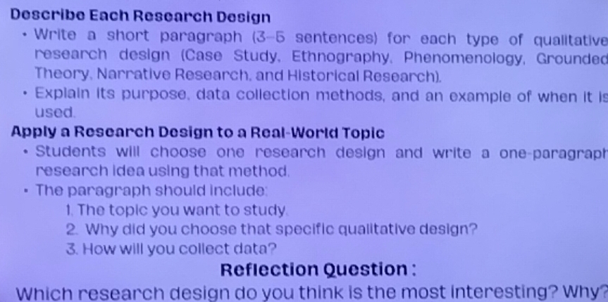 Describe Each Research Design 
、 Write a short paragraph (3-5 sentences) for each type of qualitative 
research design (Case Study, Ethnography, Phenomenology, Grounded 
Theory, Narrative Research, and Historical Research). 
Explain its purpose, data collection methods, and an example of when it is 
used. 
Apply a Research Design to a Real-World Topic 
Students will choose one research design and write a one-paragraph 
research idea using that method. 
The paragraph should include: 
1. The topic you want to study. 
2. Why did you choose that specific qualitative design? 
3. How will you collect data? 
Reflection Question : 
Which research design do you think is the most interesting? Why?