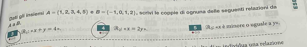 A a B. e B= -1,0,1,2 , scrivi le coppie di ognuna delle seguenti relazioni da 
Dati gli insiemi A= 1,2,3,4,5
4 gR_2:(x=2y). 
000 .○ *: « x è minore o uguale a y». 
3 g_1:alpha x+y=4>. 
5 R
n a a relazione