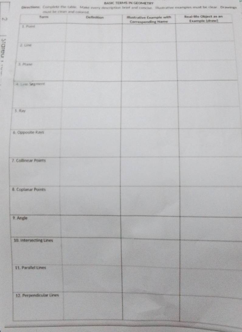 BASIC TERMS IN GEOMETIY 
Directions: Complete the Lable. Make every description briet and concise, illustrative examples must be clear. Drawings 
must be clean and colored. 
Real-lict as an 
à 
5 
& 
7. 
B. 
9 
1 
1 
1