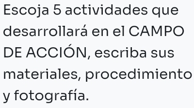 Escoja 5 actividades que 
desarrollará en el CAMPO 
DE ACCIÓN, escriba sus 
materiales, procedimiento 
y fotografía.