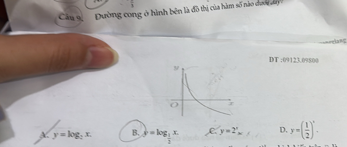 frac 3 
Câu 9, Đường cong ở hình bên là đồ thị của hàm số nào dướ day :
Mansgiang
DT :09123.09800
X y=log _2x. B. y=log _ 1/2 x. C. y=2^x D. y=( 1/2 )^x.