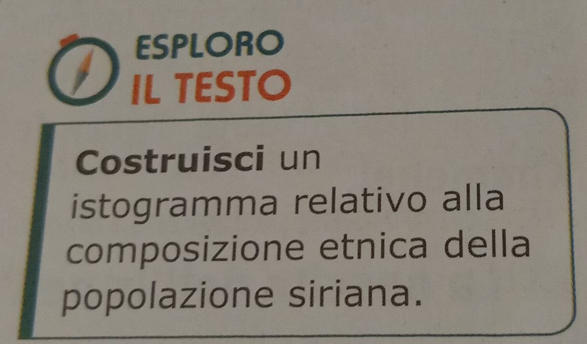 ESPLORO 
IL TESTO 
Costruisci un 
istogramma relativo alla 
composizione etnica della 
popolazione siriana.