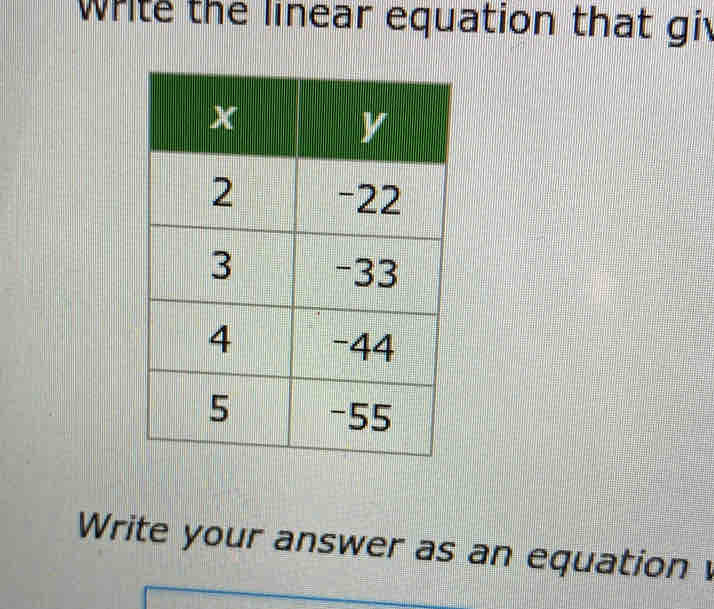 Write the linear equation that giv 
Write your answer as an equation