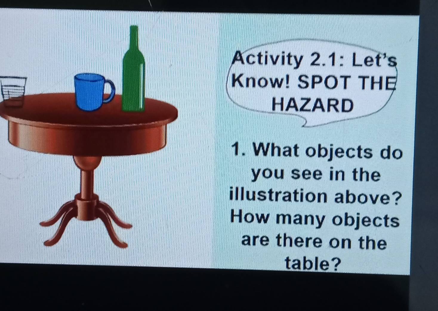 Activity 2.1: Let's 
Know! SPOT THE 
HAZARD 
1. What objects do 
you see in the 
illustration above? 
How many objects 
are there on the 
table?