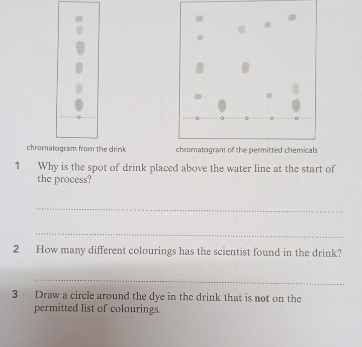 chromatogram from the drink 
1 Why is the spot of drink placed above the water line at the start of 
the process? 
_ 
_ 
2 How many different colourings has the scientist found in the drink? 
_ 
3 Draw a circle around the dye in the drink that is not on the 
permitted list of colourings.