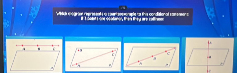 a 
a Which diagram represents a counterexample to this conditional statement: 
If 3 points are coplanar, then they are collinear.