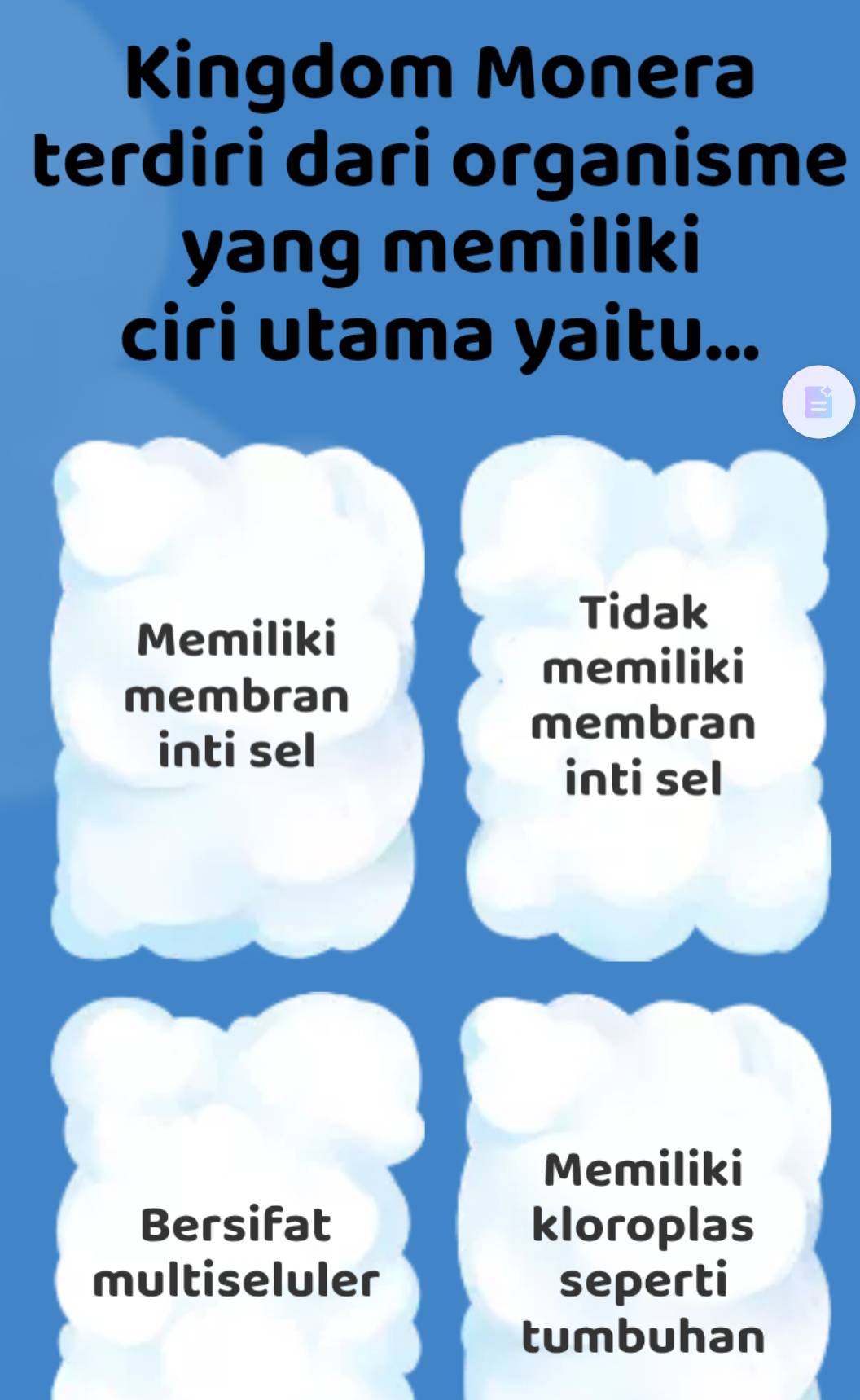 Kingdom Monera
terdiri dari organisme
yang memiliki
ciri utama yaitu...
Tidak
Memiliki
memiliki
membran
membran
inti sel
inti sel
Memiliki
Bersifat kloroplas
multiseluler seperti
tumbuhan