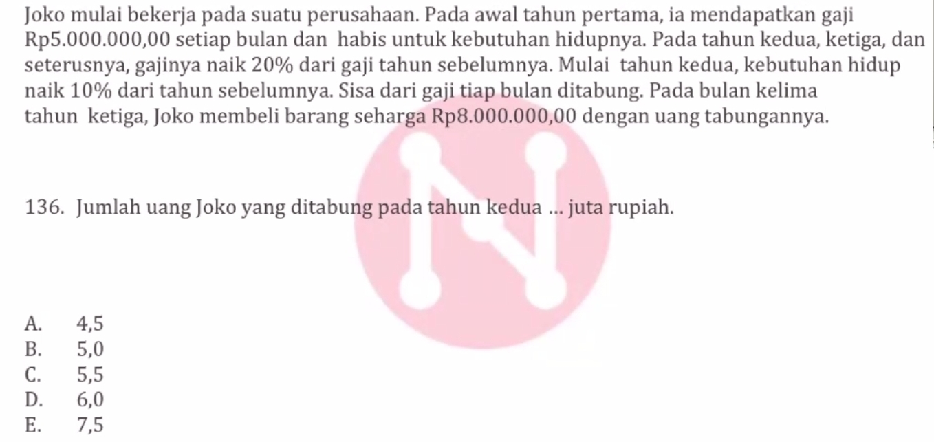 Joko mulai bekerja pada suatu perusahaan. Pada awal tahun pertama, ia mendapatkan gaji
Rp5.000.000,00 setiap bulan dan habis untuk kebutuhan hidupnya. Pada tahun kedua, ketiga, dan
seterusnya, gajinya naik 20% dari gaji tahun sebelumnya. Mulai tahun kedua, kebutuhan hidup
naik 10% dari tahun sebelumnya. Sisa dari gaji tiap bulan ditabung. Pada bulan kelima
tahun ketiga, Joko membeli barang seharga Rp8.000.000,00 dengan uang tabungannya.
136. Jumlah uang Joko yang ditabung pada tahun kedua ... juta rupiah.
A. 4, 5
B. 5, 0
C. 5, 5
D. 6, 0
E. 7, 5