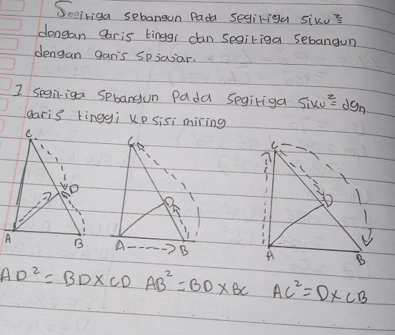 Seairiga sebangon Pada segirigu siku? 
dongan garis tinggi dan segiriga sebangun 
dengan garis Spiaar. 
I segi-iga Spbangun Pada segiriga Sixu= dgn 
garis tinggi kp sisi miring

AD^2=BD* CDAB^2=BD* BCAC^2=D* CB