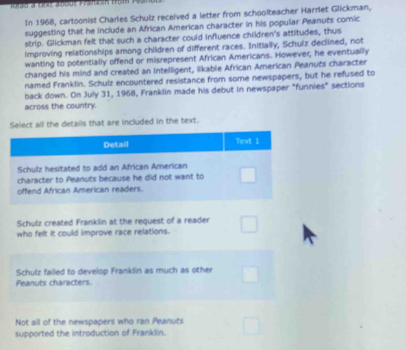 Re ad a text about Frankin from Pean
In 1968, cartoonist Charles Schulz received a letter from schoolteacher Harret Glickman,
suggesting that he include an African American character in his popular Peanuts comic
strip. Glickman felt that such a character could influence children's attitudes, thus
improving relationships among children of different races. Initially, Schuiz declined, not
wanting to potentially offend or misrepresent African Americans. However, he eventually
changed his mind and created an intelligent, likable African American Peanuts character
named Franklin. Schuiz encountered resistance from some newspapers, but he refused to
back down. On July 31, 1968, Franklin made his debut in newspaper "funnies" sections
across the country.
Select all the details that are included in the text.
Detail Text 1
Schulz hesitated to add an African American
character to Peanuts because he did not want to
offend African American readers.
Schulz created Franklin at the request of a reader
who felt it could improve race relations.
Schulz failed to develop Franklin as much as other
Peanuts characters.
Not all of the newspapers who ran Peanuts
supported the introduction of Franklin.