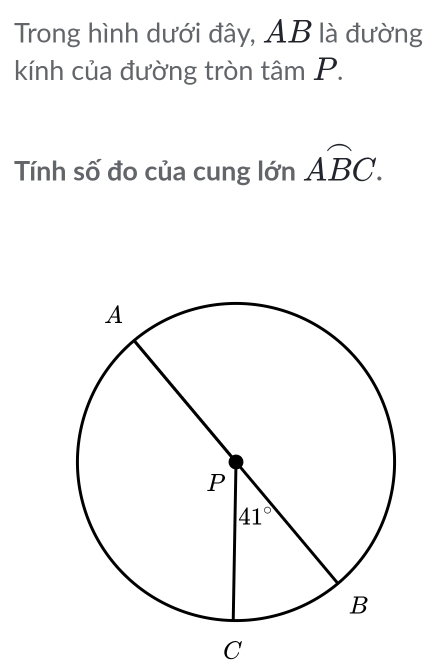 Trong hình dưới đây, AB là đường
kính của đường tròn tâm P.
Tính số đo của cung lớn overline ABC.