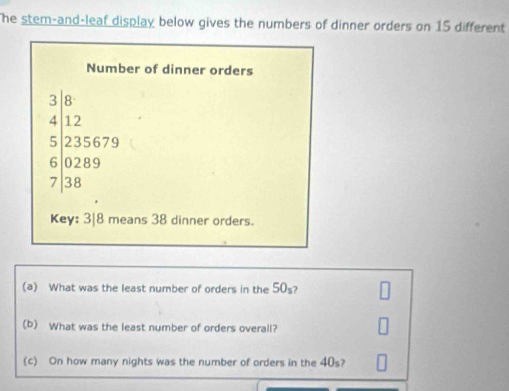 he stem-and-leaf display below gives the numbers of dinner orders on 15 different 
Number of dinner orders
beginarrayr 3|8 4|12 5|235679 6|0249 7|30endarray
Key: 3|8 means 38 dinner orders. 
(a) What was the least number of orders in the 50_s ? 
□ 
(b) What was the least number of orders overall? 
(c) On how many nights was the number of orders in the 40s?