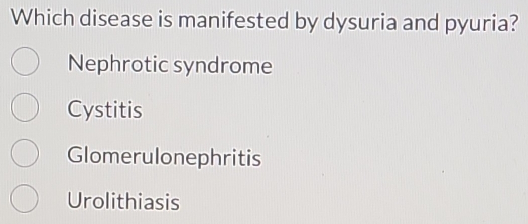Solved: Which disease is manifested by dysuria and pyuria? Nephrotic ...