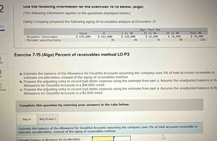 ) Use the following information for the Exercises 14-15 below. (Algo) 
[The following information applies to the questions displayed below.] 
Daley Company prepared the following aging of receivables analysis at December 31. 
1 2
Exercise 7-15 (Algo) Percent of receivables method LO P3
a. Estimate the balance of the Allowance for Doubtful Accounts assuming the company uses 5% of total accounts receivable to 
estimate uncollectibles, instead of the aging of receivables method. 
b. Prepare the adjusting entry to record bad debts expense using the estimate from part a. Assume the unadjusted balance in th 
Allowance for Doubtful Accounts is a $14,000 credit. 
nces c, Prepare the adjusting entry to record bad debts expense using the estimate from part a. Assume the unadjusted balance in th 
Allowance for Doubtful Accounts is a $3,000 debit. 
Complete this question by entering your answers in the tabs below. 
Req A Req B and C 
Estimate the balance of the Allowance for Doubtful Accounts assuming the company uses 5% of total accounts receivable to 
estimate uncollectibles, instead of the aging of receivables method. 
Estimated halance of allowance for uncollectibles