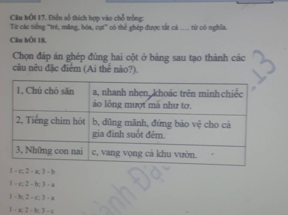 Câu hồi 17. Điền số thích hợp vào chỗ trống:
Từ các tiếng “trẻ, măng, hóa, cụt” có thể ghép được tắt cá … từ có nghĩa.
Câu hÔi 18.
Chọn đáp án ghép đúng hai cột ở bảng sau tạo thành các
câu nêu đặc điểm (Ai thê nào?).
1 - c; 2 - a; 3 - b
1 - c; 2 - b; 3 - a
1 - b; 2 - c; 3 - a
1 - a; 2 - b; 3 - c