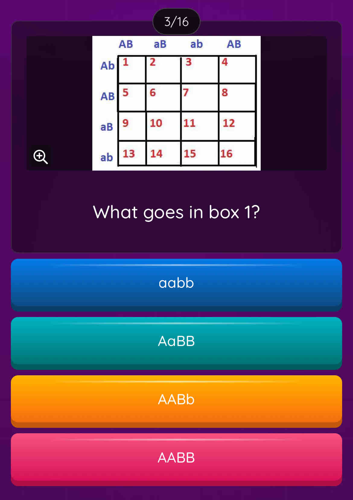 3/16
What goes in box 1?
aabb
AaBB
AABb
AABB