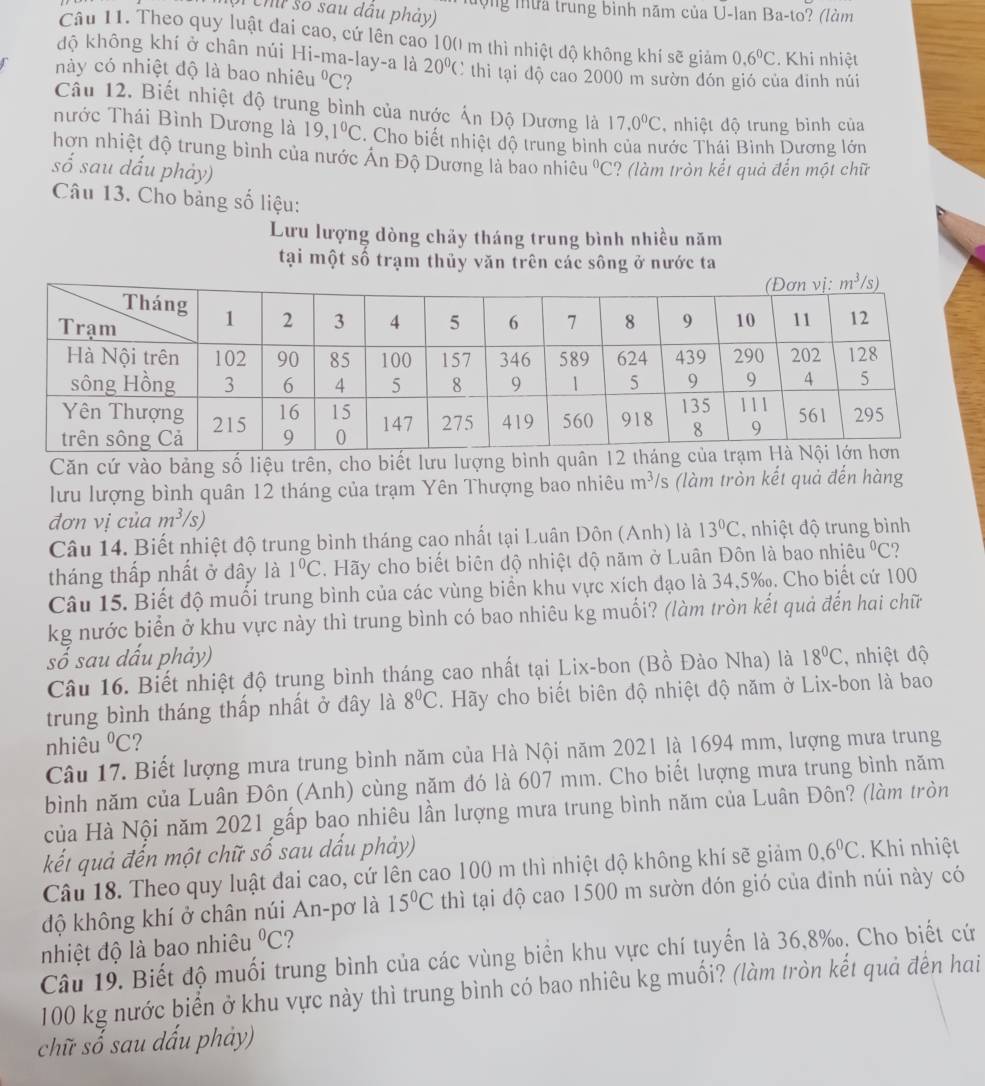 Chi số sau dâu phảy) mượng mừa trung bình năm của U-Ian Ba-to? (làm
Câu 11. Theo quy luật đai cao, cứ lên cao 10( m thì nhiệt độ không khí sẽ giảm 0.6°C. Khi nhiệt
độ không khí ở chân núi Hi-ma-lay-a là
này có nhiệt độ là bao nhiêu^0C 20°C C  thi tại độ cao 2000 m sườn đón gió của đinh núi
Câu 12. Biết nhiệt độ trung bình của nước Án Độ Dương là 17.0°C , nhiệt độ trung bình của
nước Thái Bình Dương là 19,1°C Cho biết nhiệt độ trung bình của nước Thái Bình Dương lớn
hơn nhiệt độ trung bình của nước Ấn Độ Dương là bao nhiêu^0C
số sau dấu phảy) ? (làm tròn kết quả đến một chữ
Câu 13. Cho bảng số liệu:
Lưu lượng dòng chảy tháng trung bình nhiều năm
tại một số trạm thủy văn trên các sông ở nước ta
Căn cứ vào bảng số liệu trên, cho biết lưu lượng bìn
lưu lượng bình quân 12 tháng của trạm Yên Thượng bao nhiêu m^3/s (làm tròn kết quả đến hàng
đơn vị của m^3/s)
Câu 14. Biết nhiệt độ trung bình tháng cao nhất tại Luân Đôn (Anh) là 13°C , nhiệt độ trung bình
tháng thấp nhất ở đây là 1°C. Hãy cho biết biên độ nhiệt độ năm ở Luân Đôn là bao nhiêu°C
Câu 15. Biết độ muối trung bình của các vùng biển khu vực xích dạo là 34,5‰. Cho biết cứ 100
kg nước biển ở khu vực này thì trung bình có bao nhiêu kg muối? (làm tròn kết quả đến hai chữ
số sau dấu phảy)
Câu 16. Biết nhiệt độ trung bình tháng cao nhất tại Lix-bon (Bồ Đào Nha) là 18°C , nhiệt độ
trung bình tháng thấp nhất ở đây là 8°C. Hãy cho biết biên độ nhiệt độ năm ở Lix-bon là bao
nhiêu^0C
Câu 17. Biết lượng mưa trung bình năm của Hà Nội năm 2021 là 1694 mm, lượng mưa trung
bình năm của Luân Đôn (Anh) cùng năm đó là 607 mm. Cho biết lượng mưa trung bình năm
của Hà Nội năm 2021 gấp bao nhiêu lần lượng mưa trung bình năm của Luân Đôn? (làm tròn
kết quả đến một chữ số sau dấu phảy) 0,6^0C.Khi nhiệt
Câu 18. Theo quy luật đai cao, cứ lên cao 100 m thì nhiệt độ không khí sẽ giảm
độ không khí ở chân núi An-pơ là 15°C thì tại độ cao 1500 m sườn dón gió của dinh núi này có
nhiệt độ là bao nhiêu^0C 2
Câu 19. Biết độ muối trung bình của các vùng biển khu vực chí tuyển là 36,8‰. Cho biết cứ
100 kg nước biển ở khu vực này thì trung bình có bao nhiêu kg muối? (làm tròn kết quả đến hai
chữ số sau dấu phảy)