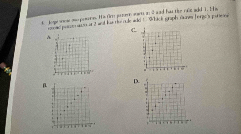 Jorge wrote two patterns. His first pattern starts at 0 and has the rule add 1. His
second pattern starts at 2 and has the rule add 1. Which graph shows Jorge's patterns?
C
A. 1
"
.
。 a 4 , . a 19
D
B. 
s
.

.
. 1 ` / s 10 ,