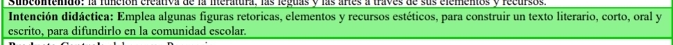 subcontendo: la función creativa de la interatura, las leguas y las artes a traves de sus elementos y recursos. 
Intención didáctica: Emplea algunas figuras retoricas, elementos y recursos estéticos, para construir un texto literario, corto, oral y 
escrito, para difundirlo en la comunidad escolar.