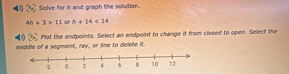 Solve for h and graph the solution.
4h+3>11 or h+14<14</tex> 
Plot the endpoints. Select an endpoint to change it from closed to open. Select the 
middle of a segment, ray, or line to delete it.