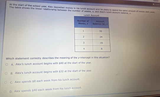 At the start of the school year, Alex deposited money in his lunch account and he plans to spend the same amount of money sach wee.
The table shows the linear rellationship between the number of weeks, x, and Alex's lunch account balance, y
Which statement correctly describes the meaning of the y-intercept in this situation?
A. Alex's lunch account begins with $40 at the start of the year.
B. Alex's lunch account begins with $32 at the start of the year.
C. Alex spends $8 each week from his lunch account.
D. Alex spends $40 each week from his lunch account.