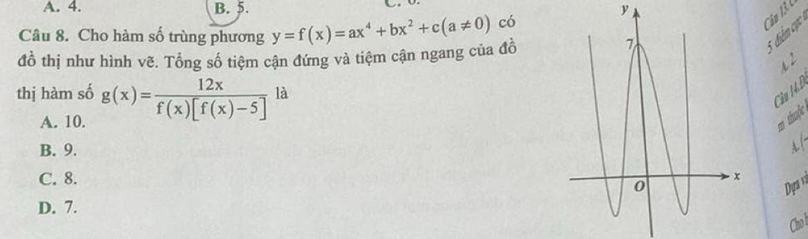 A. 4. B. 5. y
Câu 8. Cho hàm số trùng phương y=f(x)=ax^4+bx^2+c(a!= 0) có
Câu 13. C
đồ thị như hình vẽ. Tổng số tiệm cận đứng và tiệm cận ngang của đồ
5điểm cực
r 2
thị hàm số g(x)= 12x/f(x)[f(x)-5]  là
Câu 14. B
A. 10.
m thuộc
B. 9.
Af
C. 8.
D. 7.
Chol