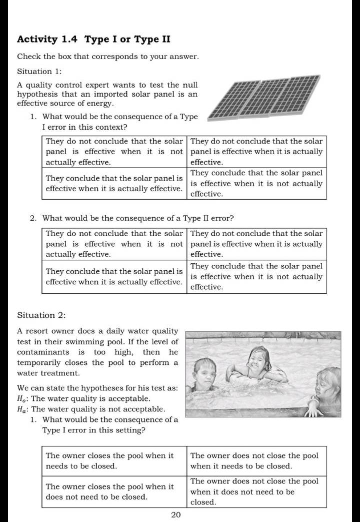 Activity 1.4 Type I or Type II
Check the box that corresponds to your answer.
Situation 1:
A quality control expert wants to test the null
hypothesis that an imported solar panel is an
effective source of energy.
1. What would be the consequence of a Type
I error in this context?
2. What would be the consequence of a Type II error?
They do not conclude that the solar They do not conclude that the solar
panel is effective when it is not panel is effective when it is actually
actually effective. effective.
They conclude that the solar panel
They conclude that the solar panel is is effective when it is not actually
effective when it is actually effective. effective.
Situation 2:
A resort owner does a daily water qualit
test in their swimming pool. If the level o
contaminants is too high, then h
temporarily closes the pool to perform 
water treatment.
We can state the hypotheses for his test as
H_o : The water quality is acceptable.
H_a : The water quality is not acceptable.
1. What would be the consequence of 
Type I error in this setting?
The owner closes the pool when it The owner does not close the pool
needs to be closed. when it needs to be closed.
The owner closes the pool when it The owner does not close the pool
when it does not need to be
does not need to be closed. closed.
20