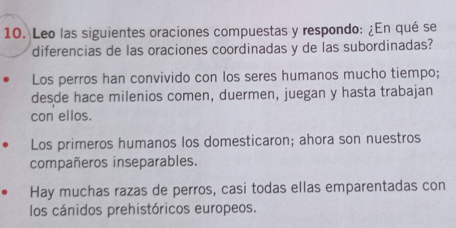 Leo las siguientes oraciones compuestas y respondo: ¿En qué se
diferencias de las oraciones coordinadas y de las subordinadas?
Los perros han convivido con los seres humanos mucho tiempo;
desde hace milenios comen, duermen, juegan y hasta trabajan
con ellos.
Los primeros humanos los domesticaron; ahora son nuestros
compañeros inseparables.
Hay muchas razas de perros, casi todas ellas emparentadas con
los cánidos prehistóricos europeos.