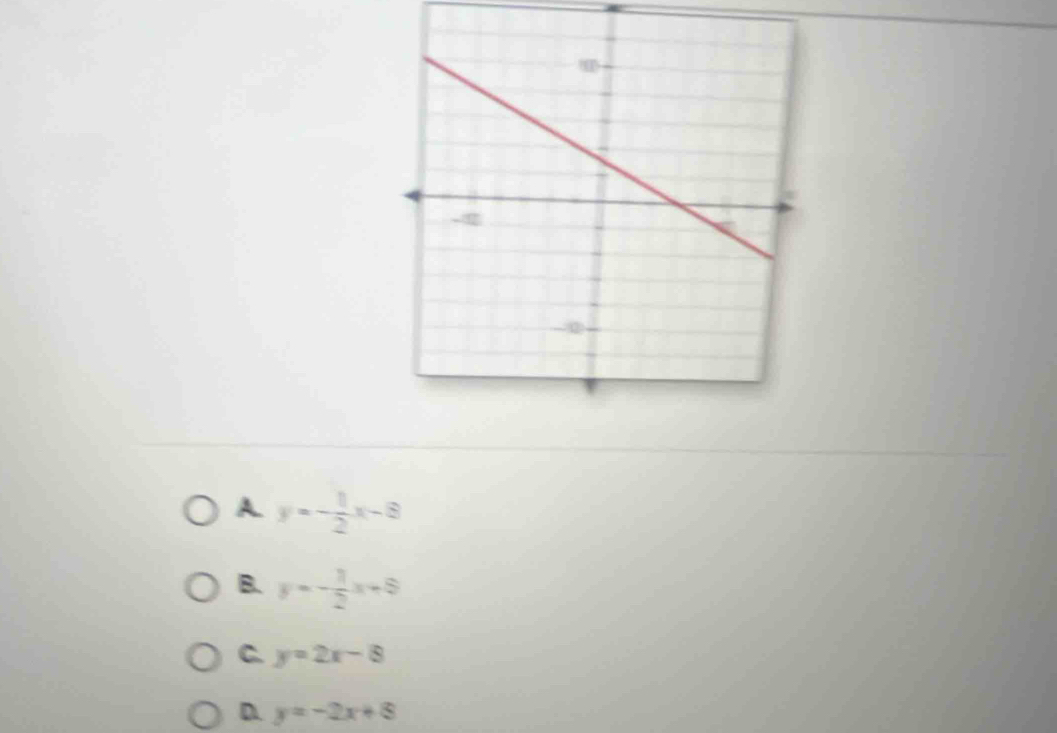 A. y=- 1/2 x-8
B. y=- 1/2 x+5
C. y=2x-8
D. y=-2x+8