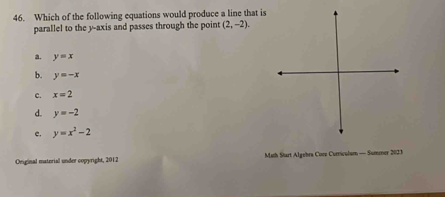 Which of the following equations would produce a line that is
parallel to the y-axis and passes through the point (2,-2).
a. y=x
b. y=-x
c. x=2
d. y=-2
e. y=x^2-2
Original material under copyright, 2012 Math Start Algebra Core Curriculum — Summer 2023