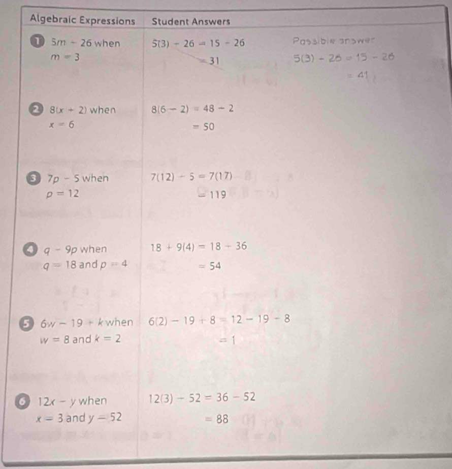 Algebraic Expressions Student Answers
6