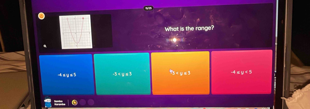 15/25
What is the range?
-4≤ y≤ 5
-3
-3
-4≤ y<5</tex>