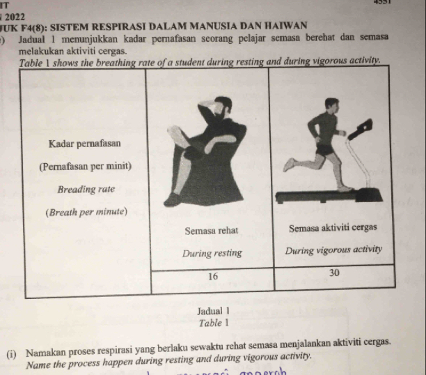 IT 
2022 
JUK F4(8): SISTEM RESPIRASI DALAM MANUSIA DAN HAIWAN 
2) Jadual 1 menunjukkan kadar pernafasan seorang pelajar semasa berehat dan semasa 
melakukan aktiviti cergas. 
Jadual 1 
Table 1 
(i) Namakan proses respirasi yang berlaku sewaktu rehat semasa menjalankan aktiviti cergas. 
Name the process happen during resting and during vigorous activity.