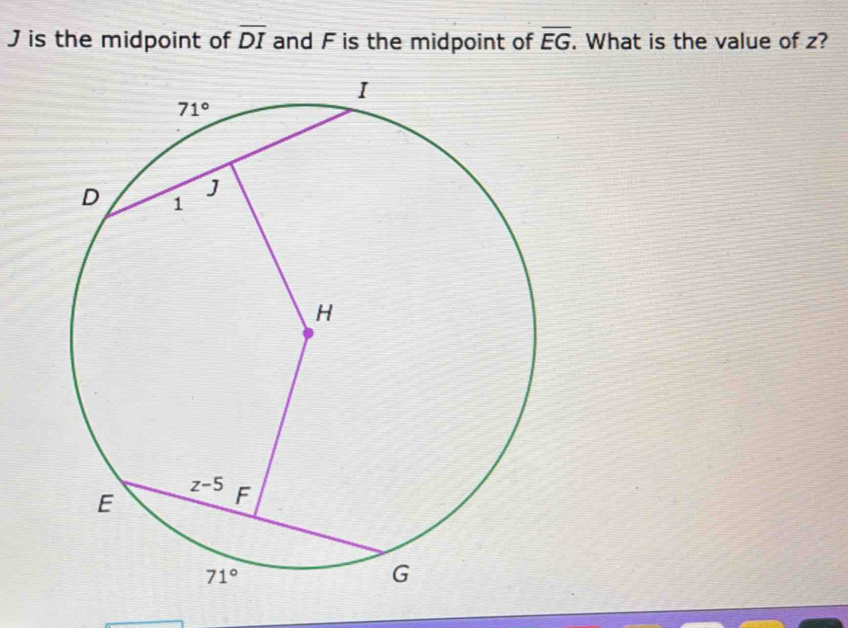 is the midpoint of overline DI and F is the midpoint of overline EG. What is the value of z?