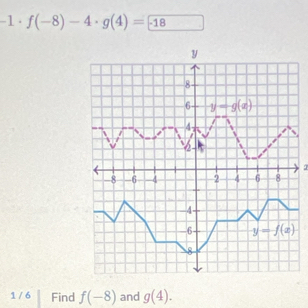 -1· f(-8)-4· g(4)=-18
1 / 6 Find f(-8) and g(4).