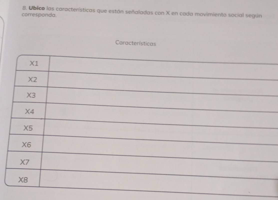 Ubico las características que están señaladas con X en cada movimiento social según
corresponda.
Caracte
_