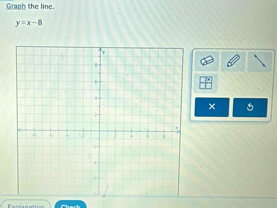 Graph the line.
y=x-8
× 
Explanation Check