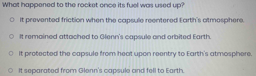 What happened to the rocket once its fuel was used up?
It prevented friction when the capsule reentered Earth's atmosphere.
It remained attached to Glenn's capsule and orbited Earth.
It protected the capsule from heat upon reentry to Earth's atmosphere.
It separated from Glenn's capsule and fell to Earth.