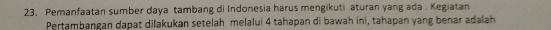 Pemanfaatan sumber daya tambang di Indonesia harus mengikuti aturan yang ada . Kegiatan 
Pertambangan dapat dilakukan setelah melalui 4 tahapan di bawah ini, tahapan yang benar adalah