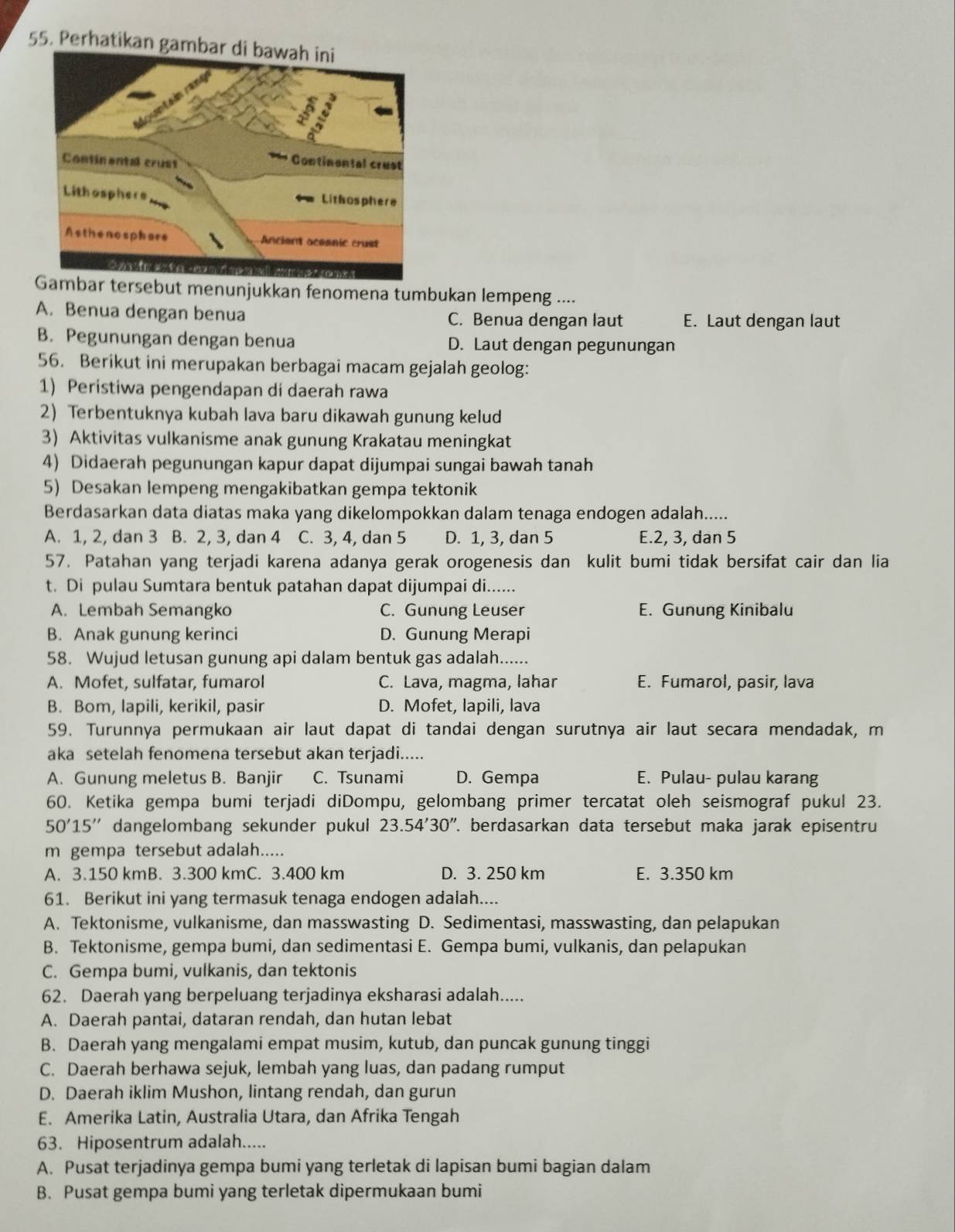 Perhatikan gambar
tersebut menunjukkan fenomena tumbukan lempeng ....
A. Benua dengan benua C. Benua dengan laut E. Laut dengan laut
B. Pegunungan dengan benua D. Laut dengan pegunungan
56. Berikut ini merupakan berbagai macam gejalah geolog:
1) Peristiwa pengendapan di daerah rawa
2) Terbentuknya kubah lava baru dikawah gunung kelud
3) Aktivitas vulkanisme anak gunung Krakatau meningkat
4) Didaerah pegunungan kapur dapat dijumpai sungai bawah tanah
5) Desakan lempeng mengakibatkan gempa tektonik
Berdasarkan data diatas maka yang dikelompokkan dalam tenaga endogen adalah.....
A. 1, 2, dan 3 B. 2, 3, dan 4 C. 3, 4, dan 5 D. 1, 3, dan 5 E.2, 3, dan 5
57. Patahan yang terjadi karena adanya gerak orogenesis dan kulit bumi tidak bersifat cair dan lia
t. Di pulau Sumtara bentuk patahan dapat dijumpai di......
A. Lembah Semangko C. Gunung Leuser E. Gunung Kinibalu
B. Anak gunung kerinci D. Gunung Merapi
58. Wujud letusan gunung api dalam bentuk gas adalah......
A. Mofet, sulfatar, fumarol C. Lava, magma, lahar E. Fumarol, pasir, lava
B. Bom, lapili, kerikil, pasir D. Mofet, lapili, lava
59. Turunnya permukaan air laut dapat di tandai dengan surutnya air laut secara mendadak, m
aka setelah fenomena tersebut akan terjadi.....
A. Gunung meletus B. Banjir C. Tsunami D. Gempa E. Pulau- pulau karang
60. Ketika gempa bumi terjadi diDompu, gelombang primer tercatat oleh seismograf pukul 23.
50'15'' dangelombang sekunder pukui 23.54'30'' 7. berdasarkan data tersebut maka jarak episentru
m gempa tersebut adalah.....
A. 3.150 kmB. 3.300 kmC. 3.400 km D. 3. 250 km E. 3.350 km
61. Berikut ini yang termasuk tenaga endogen adalah....
A. Tektonisme, vulkanisme, dan masswasting D. Sedimentasi, masswasting, dan pelapukan
B. Tektonisme, gempa bumi, dan sedimentasi E. Gempa bumi, vulkanis, dan pelapukan
C. Gempa bumi, vulkanis, dan tektonis
62. Daerah yang berpeluang terjadinya eksharasi adalah.....
A. Daerah pantai, dataran rendah, dan hutan lebat
B. Daerah yang mengalami empat musim, kutub, dan puncak gunung tinggi
C. Daerah berhawa sejuk, lembah yang luas, dan padang rumput
D. Daerah iklim Mushon, lintang rendah, dan gurun
E. Amerika Latin, Australia Utara, dan Afrika Tengah
63. Hiposentrum adalah.....
A. Pusat terjadinya gempa bumi yang terletak di lapisan bumi bagian dalam
B. Pusat gempa bumi yang terletak dipermukaan bumi