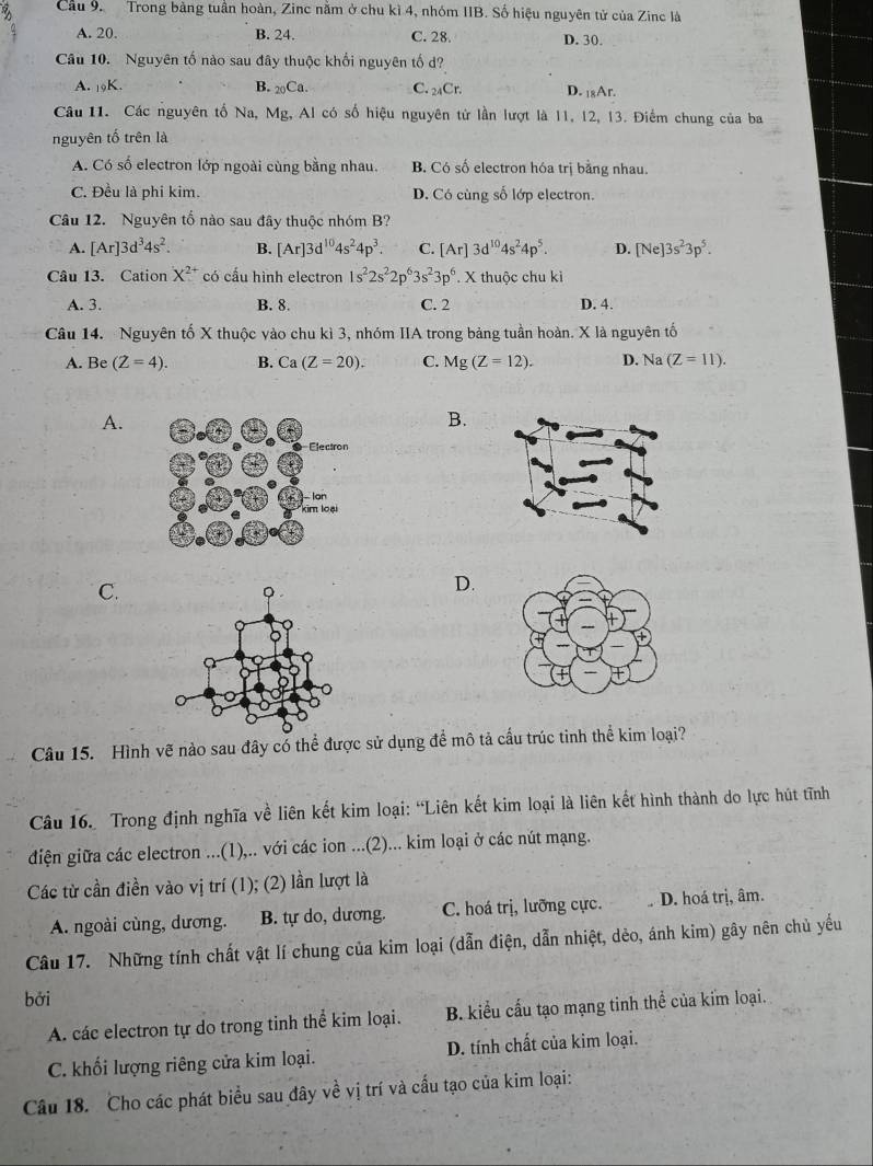 Cầu 9. Trong bảng tuần hoàn, Zinc nằm ở chu kì 4, nhóm IIB. Số hiệu nguyên tử của Zinc là
A. 20. B. 24. C. 28. D. 30.
Câu 10. Nguyên tố nào sau đây thuộc khối nguyên tố d?
A. 19K. B. _20Ca. C. _24Cr. D. _18Ar.
Câu 11. Các nguyên tố Na, Mg, Al có số hiệu nguyên từ lần lượt là 11, 12, 13. Điểm chung của ba
nguyên tố trên là
A. Có số electron lớp ngoài cùng bằng nhau. B. Có số electron hóa trị bằng nhau.
C. Đều là phi kim. D. Có cùng số lớp electron.
Câu 12. Nguyên tổ nào sau đây thuộc nhóm B?
A. [Ar]3d^34s^2. B. [Ar]3d^(10)4s^24p^3. C. [Ar]3d^(10)4s^24p^5. D. [Ne]3s^23p^5.
Câu 13. Cation X^(2+) có cầu hình electron 1s^22s^22p^63s^23p^6 X thuộc chu kì
A. 3. B. 8. C. 2 D. 4.
Câu 14. Nguyên tố X thuộc vào chu kì 3, nhóm IIA trong bảng tuần hoàn. X là nguyên tố
A. Be (Z=4). B. Ca(Z=20). C. Mg(Z=12). D. Na (Z=11).
A.
B.
C.
D.
Câu 15. Hình vẽ nào sau đây có thể được sử dụng để mô tả cầu trúc tinh thể kim loại?
Câu 16. Trong định nghĩa về liên kết kim loại: “Liên kết kim loại là liên kết hình thành do lực hút tĩnh
điện giữa các electron ...(1),.. với các ion ...(2)... kim loại ở các nút mạng.
Các từ cần điền vào vị trí (1); (2) lần lượt là
A. ngoài cùng, dương. B. tự do, dương. C. hoá trị, lưỡng cực. D. hoá trị, âm.
Câu 17. Những tính chất vật lí chung của kim loại (dẫn điện, dẫn nhiệt, dẻo, ánh kim) gây nên chủ yếu
bởi
A. các electron tự do trong tinh thể kim loại. B. kiểu cấu tạo mạng tinh thể của kim loại.
C. khối lượng riêng cửa kim loại. D. tính chất của kim loại.
Câu 18. Cho các phát biểu sau đây về vị trí và cấu tạo của kim loại: