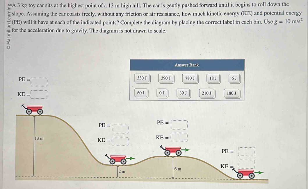 A 3 kg toy car sits at the highest point of a 13 m high hill. The car is gently pushed forward until it begins to roll down the
slope. Assuming the car coasts freely, without any friction or air resistance, how much kinetic energy (KE) and potential energy
(PE) will it have at each of the indicated points? Complete the diagram by placing the correct label in each bin. Use g=10m/s^2
E for the acceleration due to gravity. The diagram is not drawn to scale.
Answer Bank
PE=□
330 J 390 J 780 J 18 J 6 J
KE=□
60 J 0 J 39 J 210 J 180 J