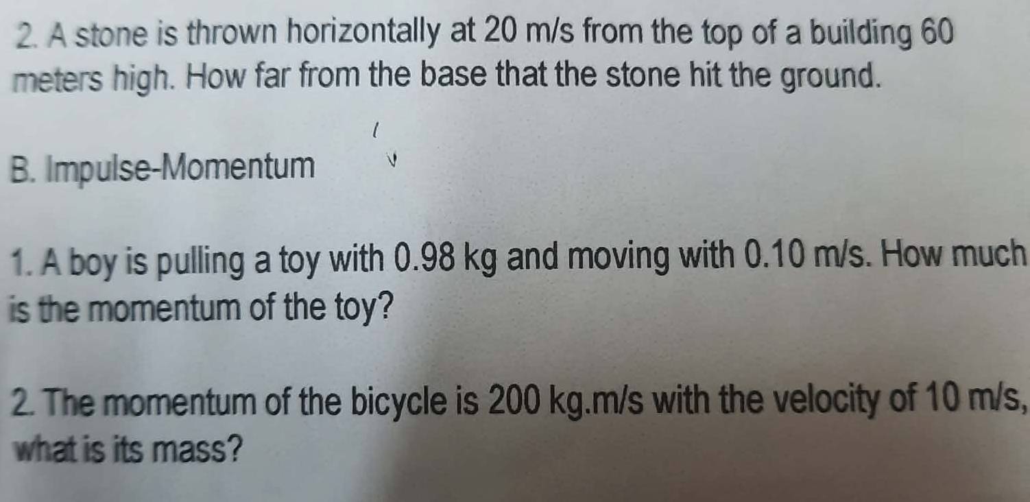 Solved: A stone is thrown horizontally at 20 m/s from the top of a ...
