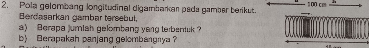 100 cm h
2. Pola gelombang longitudinal digambarkan pada gambar berikut. 
Berdasarkan gambar tersebut, 
a) Berapa jumlah gelombang yang terbentuk ? 
b) Berapakah panjang gelombangnya ? 
40 am