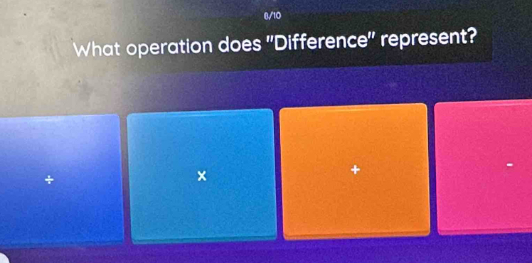 0/10 
What operation does "Difference" represent? 
+