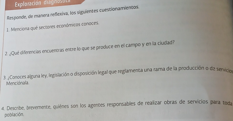 Exploración diagnostica 
Responde, de manera reflexiva, los siguientes cuestionamientos. 
1. Menciona qué sectores económicos conoces. 
2. ¿Qué diferencias encuentras entre lo que se produce en el campo y en la ciudad? 
3. ¿Conoces alguna ley, legislación o disposición legal que reglamenta una rama de la producción o de servicios 
Menciónala. 
4. Describe, brevemente, quiénes son los agentes responsables de realizar obras de servicios para toda 
población.