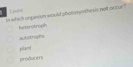 In which organism would photosynthesis not occur?
heterotroph
autotrophs
plant
producers