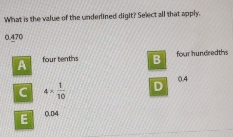 What is the value of the underlined digit? Select all that apply.
0.470
A four tenths
B four hundredths
0.4
C 4*  1/10 
D
E 0.04